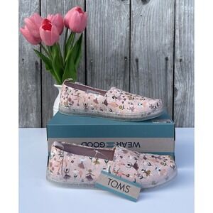TOMS Girls Size 10 Alpargata Ballet Pink Glitter Fairy Garden Canvas Slip Ons
